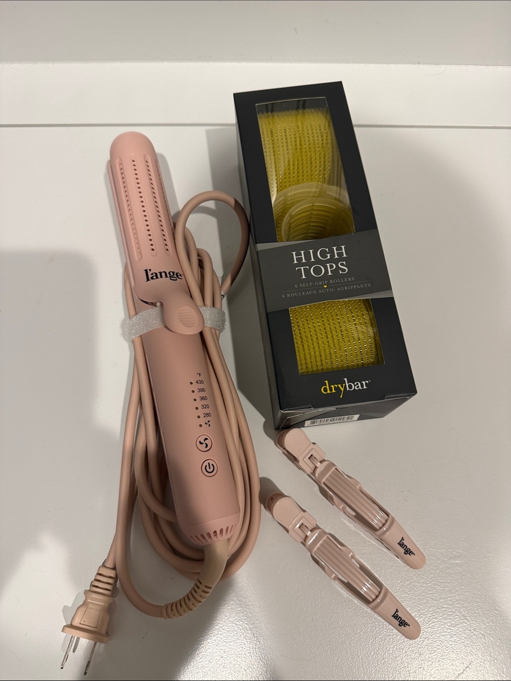 Lange Pink Ceramic Styling Iron with Yellow Drybar Rollers and Pink Clips